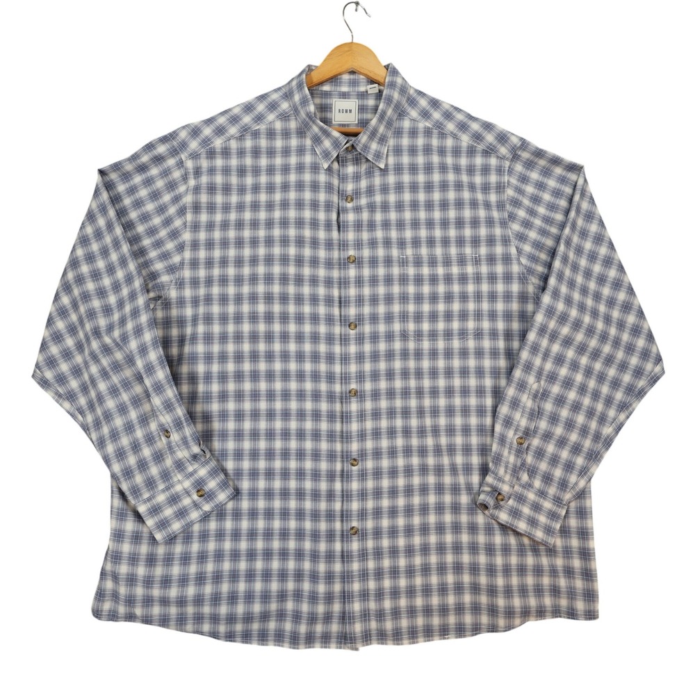 ROWM Button Down Shirt Mens 2XB Blue White Plaid Cotton Big & Tall Long Sleeve